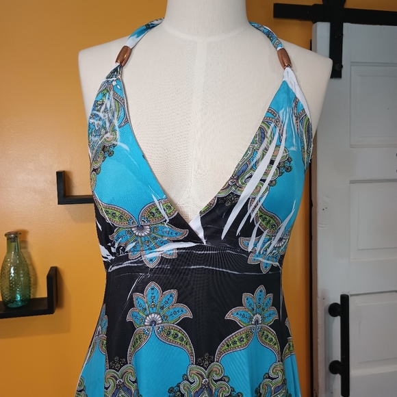 Chelsea Blue White and Green Floral Halter Dress Size M - Picture 6 of 13